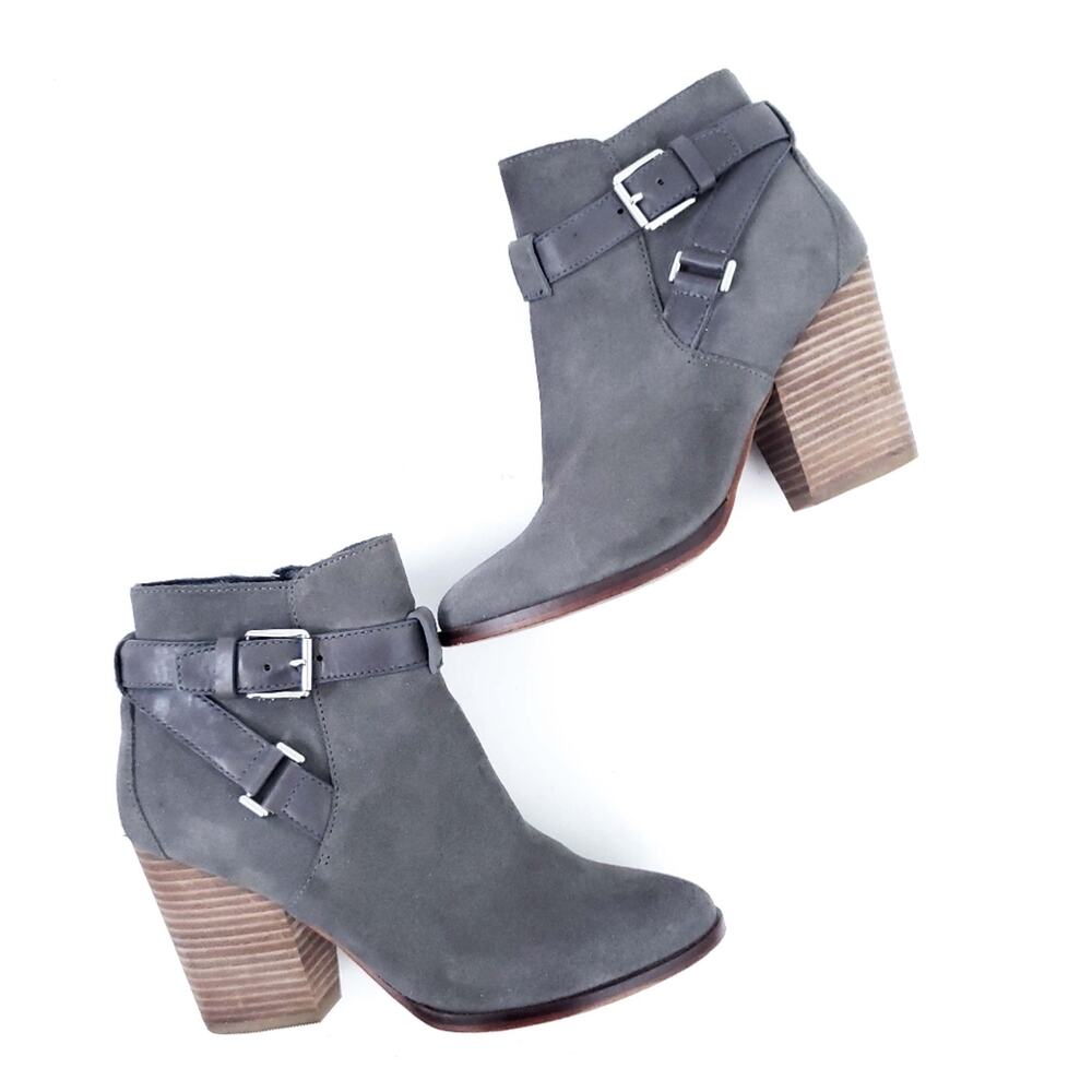 Cole Haan Gray Suede Booties Boots Size 6 Women Side Buckle Detail Side Zip